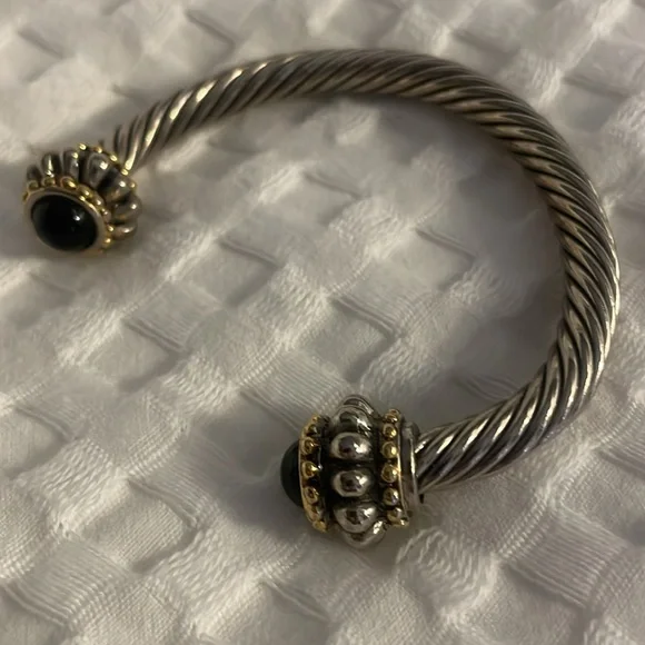 Cable Silver Bracelet Black Stone Gold Bead Tone Accent Adjustable Wrist Jewelry - Picture 9 of 10